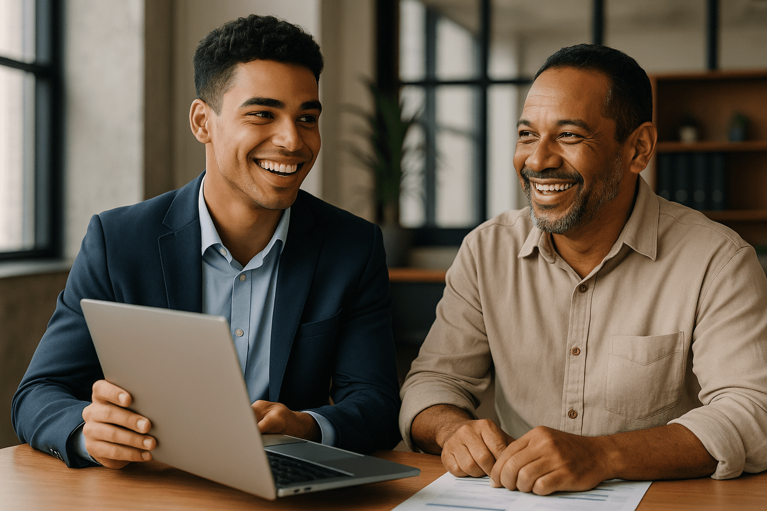 empresários avaliando possíveis fontes de fomento em um computador, com expressão sorridente