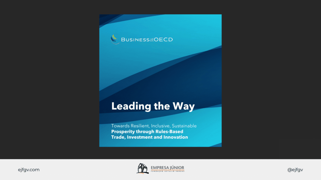 Capa azulada da pesquisa “Leading the Way”, em que o título Business at OOECD aparece no topo da imagem