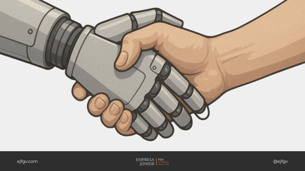 Mão robô, simbolizando a inteligência artificial, e mão humana se apertando